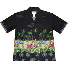 AL-418B- Woody Car Beach Black Cotton Mens Hawaiian Shirt