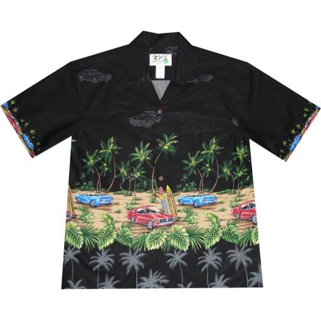 AL-418B- Woody Car Beach Black Cotton Mens Hawaiian Shirt