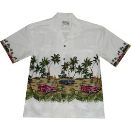 AL-418W- Woody Car Beach White Cotton Mens Hawaiian Shirt
