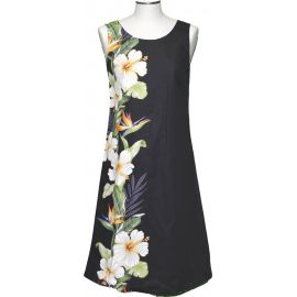 4DB-437B- Hibiscus Shining Black Loose Hawaiian Dress