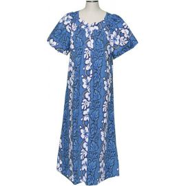 5M-213NB- White Hibiscus Cotton Hawaiian Muumuu Dress