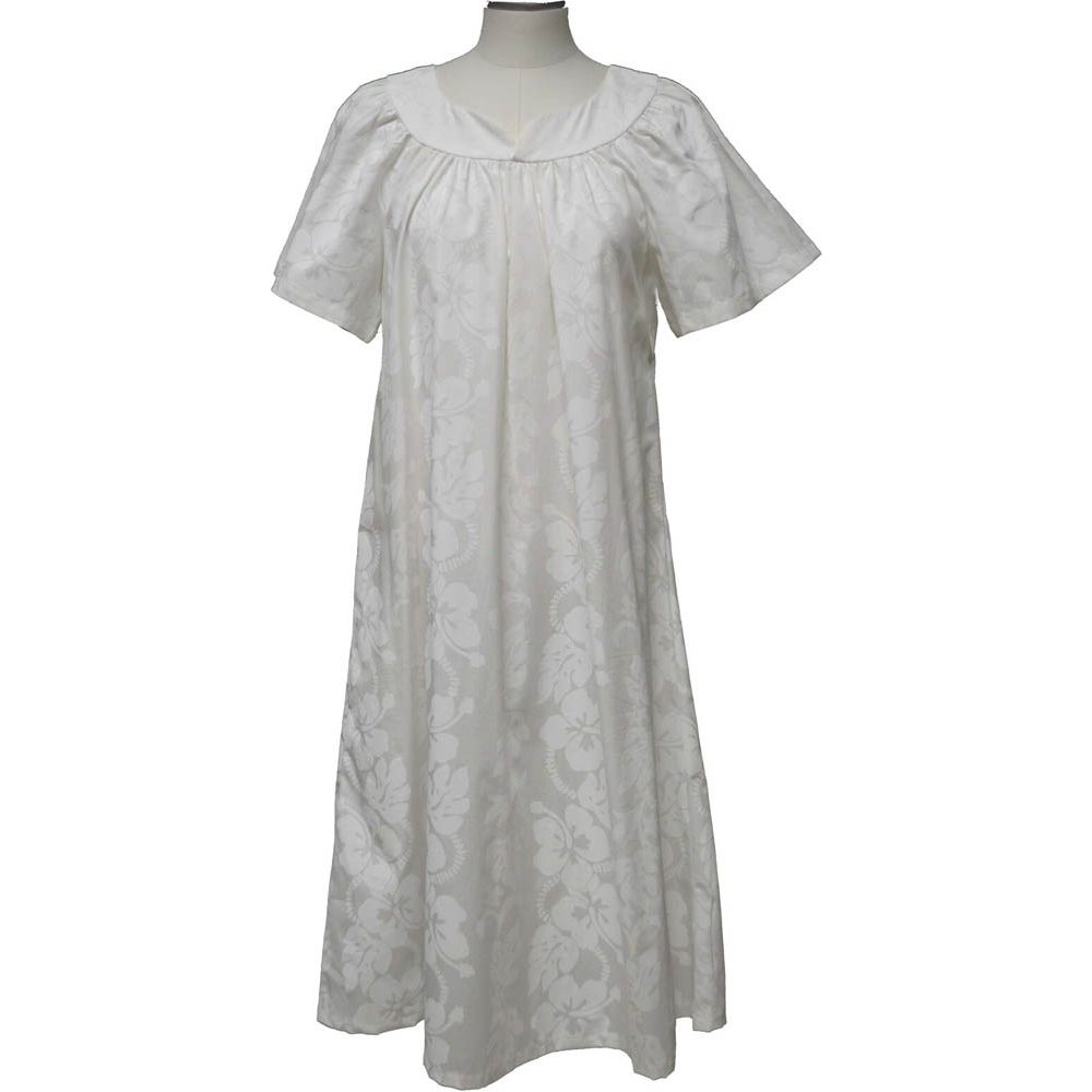 5M-213W-White Hibiscus Cotton Hawaiian Muumuu Dress