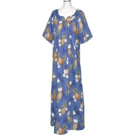 5M-410NB- Pineapple Navyblue Cotton Hawaiian Muumuu Dress