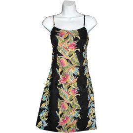 6D-173B - Maile Black Cotton Strap Short Hawaiian Dress