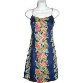 6D-173NB - Maile Navy Cotton Strap Short Hawaiian Dress