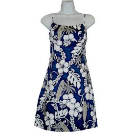 6D-300NB - Lei Hibiscus Navy Cotton Strap Short Hawaiian Dress