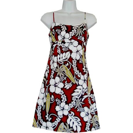 6D-300R - Lei Hibiscus Red Cotton Strap Short Hawaiian Dress