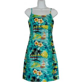 6D-304G- Hawaii Sunset Green Cotton Strap Short Hawaiian Dress