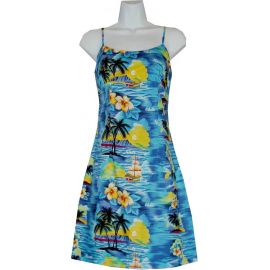6D-304NB- Hawaii Sunset Navy Cotton Strap Short Hawaiian Dress