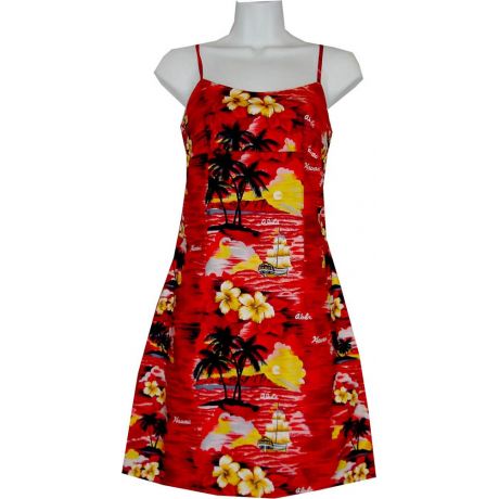 6D-304R- Hawaii Sunset Red Cotton Strap Short Hawaiian Dress