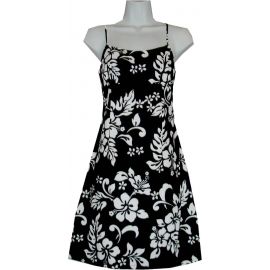 6D-354B- Original Hibiscus Black Cotton Strap Short Hawaiian Dre
