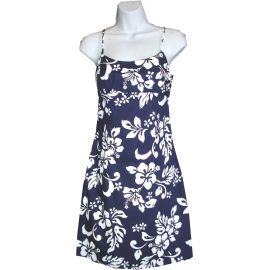 6D-354NB- Original Hibiscus Navy Cotton Strap Short Hawaiian Dre