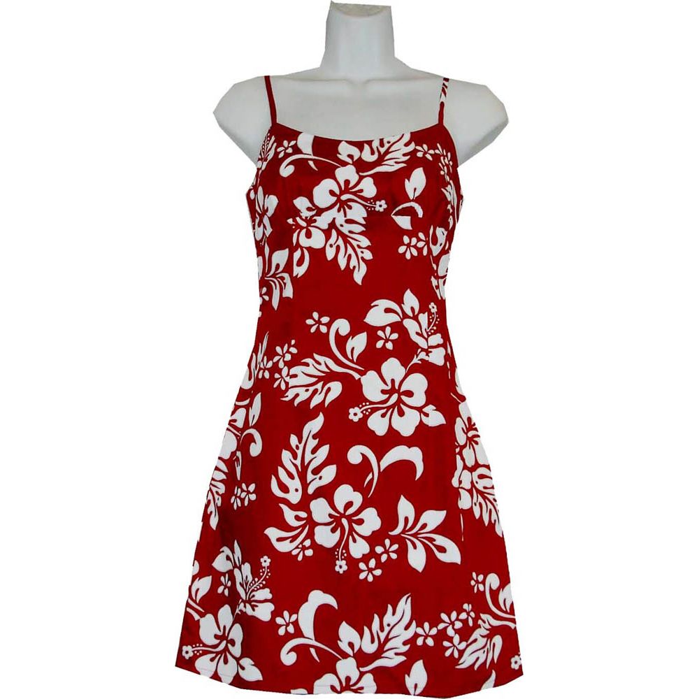 6D-354R- Original Hibiscus Red Cotton Strap Short Hawaiian Dress