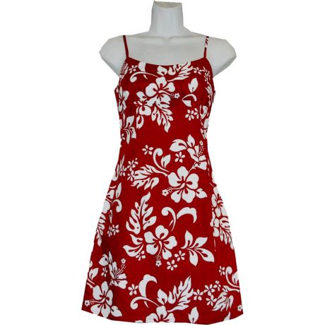 6D-354R- Original Hibiscus Red Cotton Strap Short Hawaiian Dress