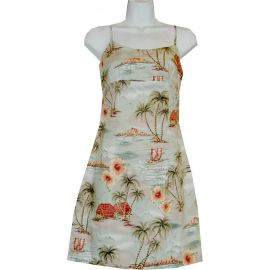 6D-354G - Polynesian Island Green Cotton Strap Short Hawaiian Dr