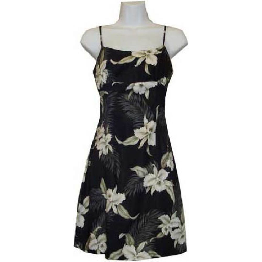 6D-809B- Orchid Black Rayon Strap Short Hawaiian Dress