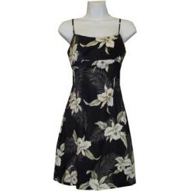 6D-809B- Orchid Black Rayon Strap Short Hawaiian Dress