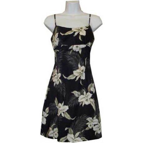 6D-809B- Orchid Black Rayon Strap Short Hawaiian Dress