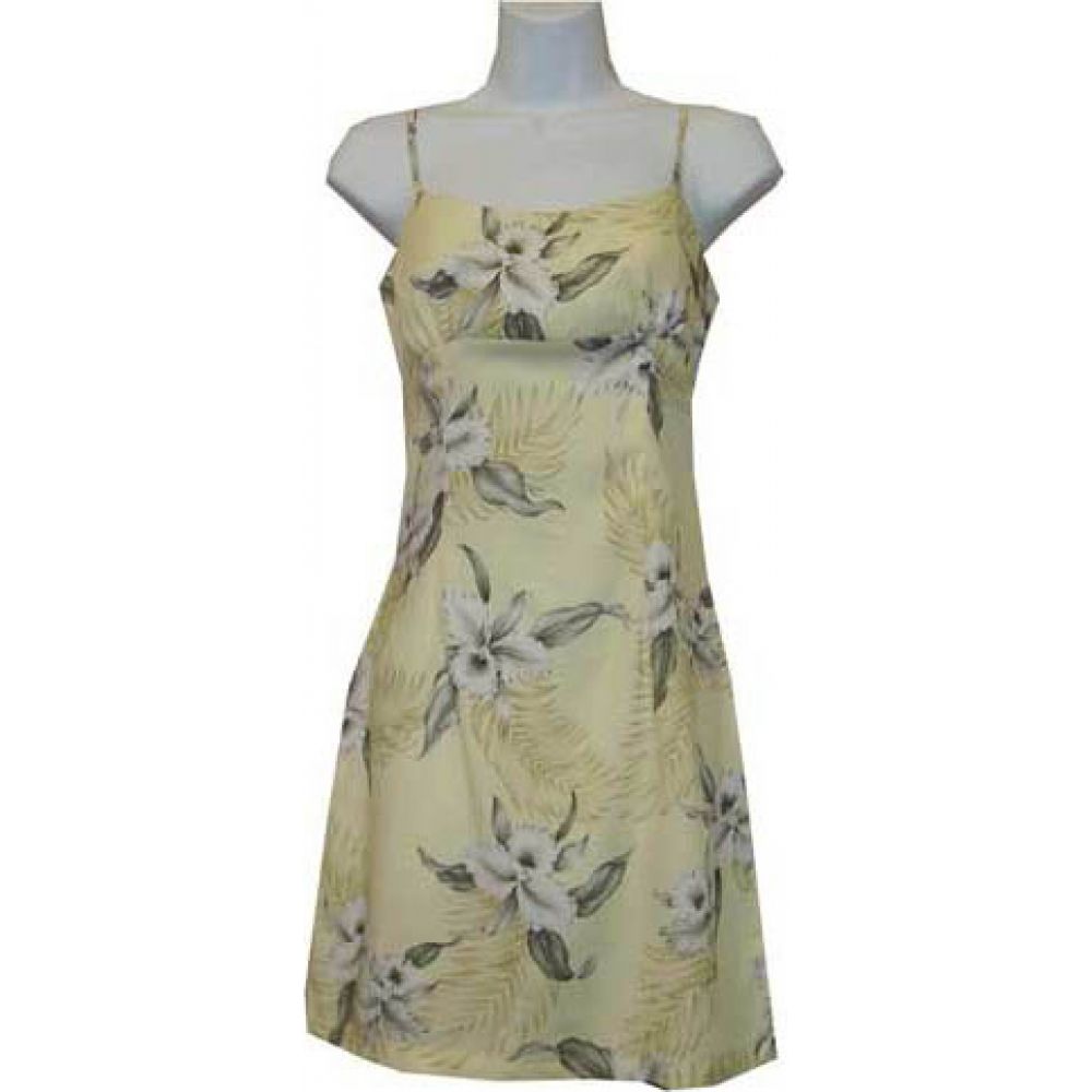 6D-809W- Orchid Yellow Rayon Strap Short Hawaiian Dress