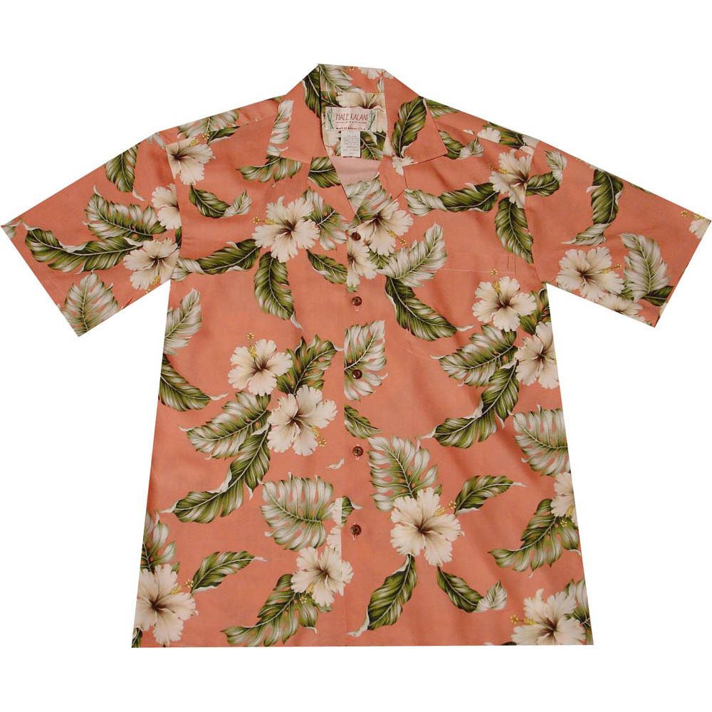 AL-807CO- Makua Hibiscus Coral Rayon Mens Aloha Shirt