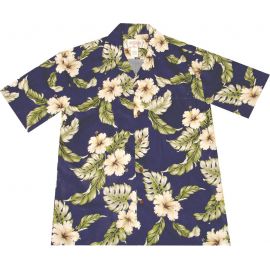 AL-807NB-  Makua Hibiscus Navy Rayon Mens Aloha Shirt