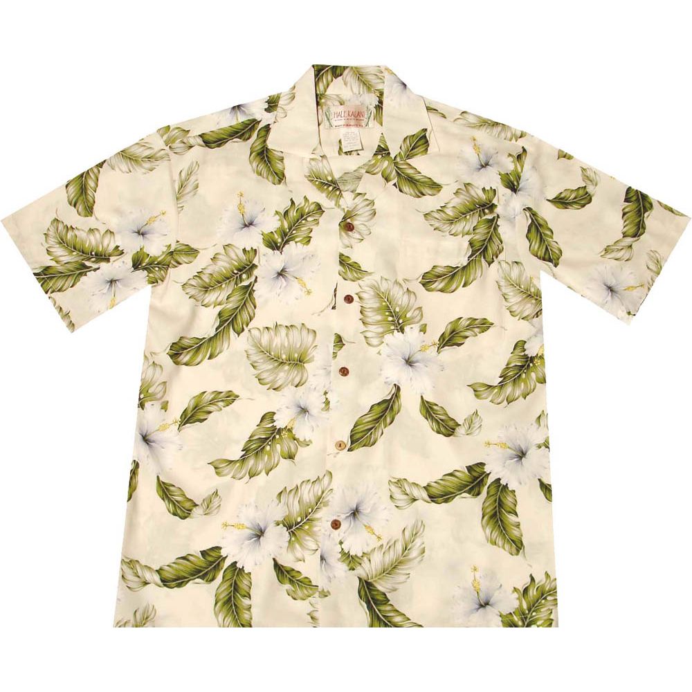 AL-807W-  Makua Hibiscus White Rayon Mens Aloha Shirt