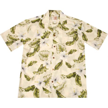 AL-807W-  Makua Hibiscus White Rayon Mens Aloha Shirt