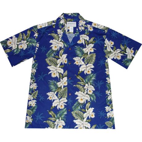 AL-811NB- Orchid Panel Navy Rayon Mens Aloha Shirt