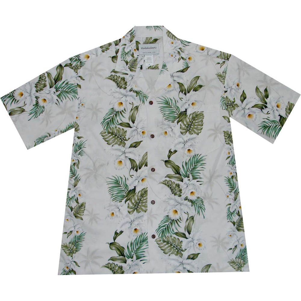 AL-811W- Orchid Panel White Rayon Mens Aloha Shirt