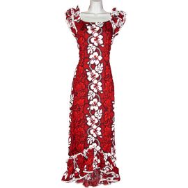 9LM-213 R Hibiscus Panel Red Traditional Muumuu Dress