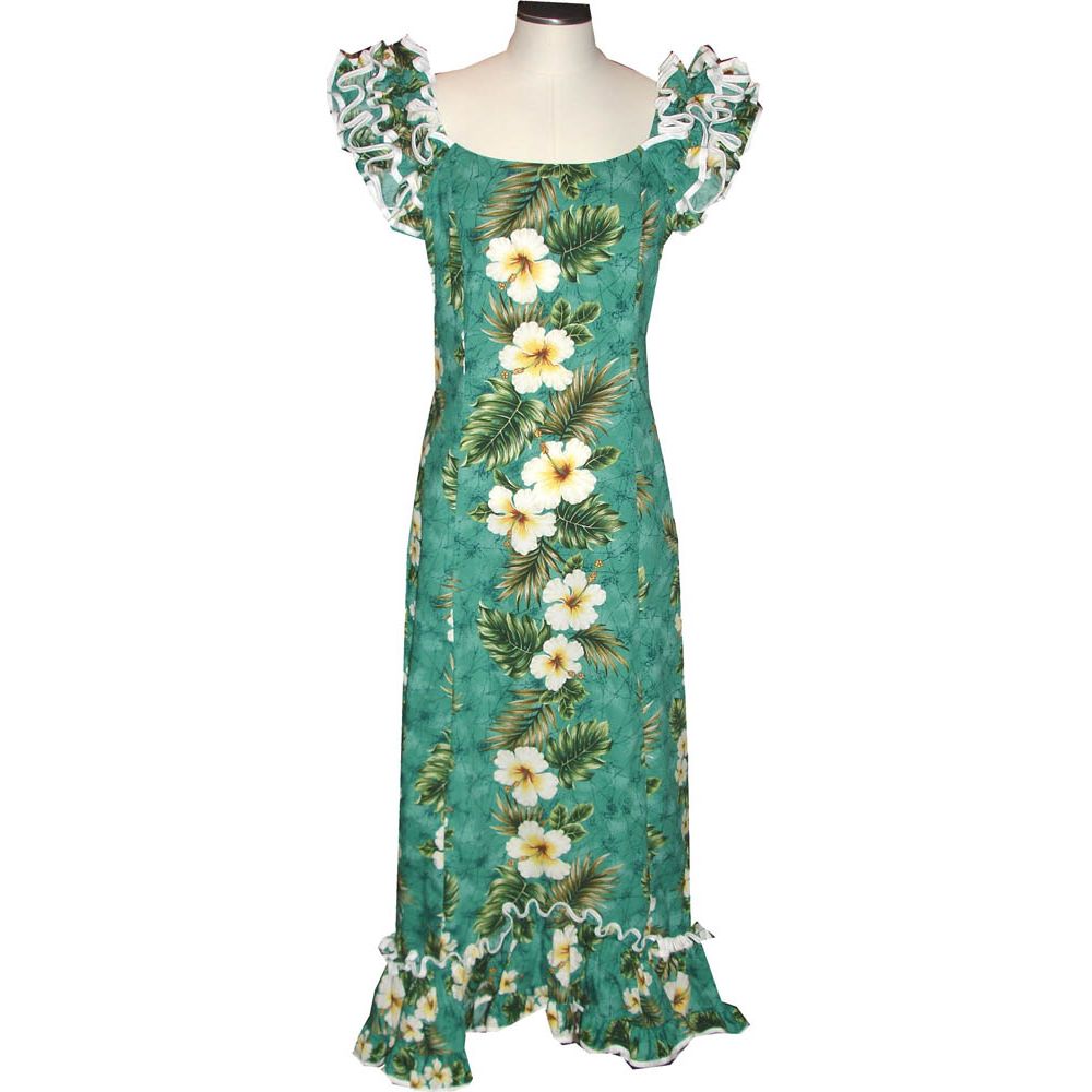9LM-449G - Yellow Hibiscus Green Traditional Muumuu Dress
