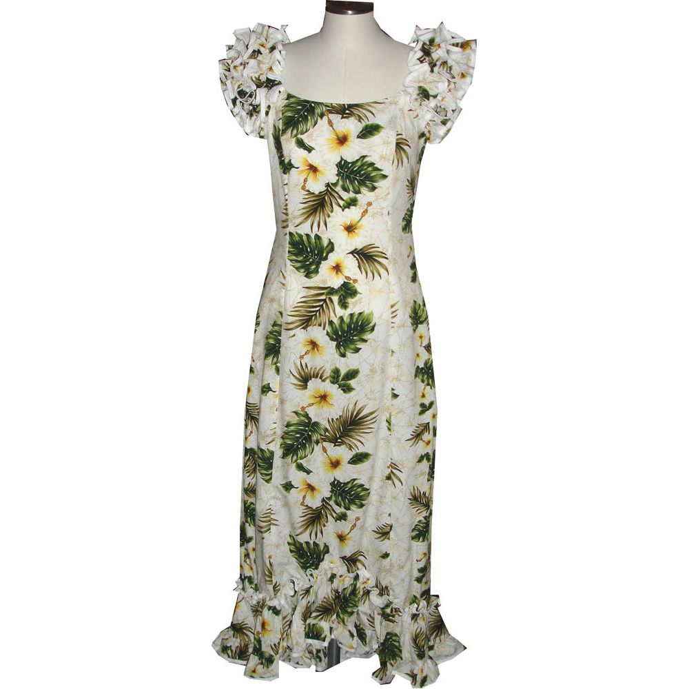 9LM-449W - Yellow Hibiscus Traditional Muumuu Dress