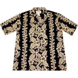AL-173W- Wild Hibiscus Panel Black Cotton Mens Hawaiian Shirt