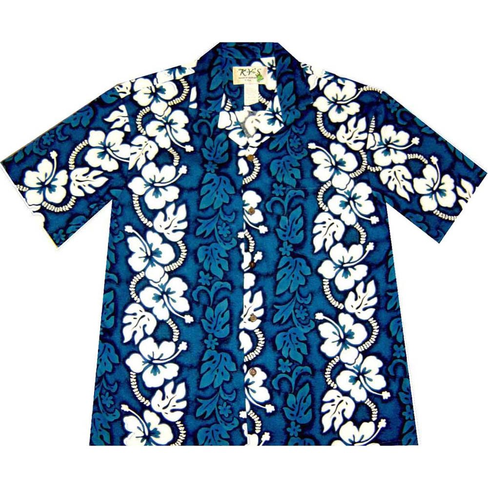 AL-213NB-White Hibiscus Panel Navy Blue Cotton Mens Hawaiian Shi