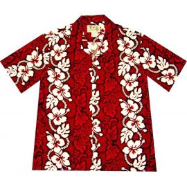 AL-213R-White Hibiscus Panel Red Cotton Mens Hawaiian Shirt