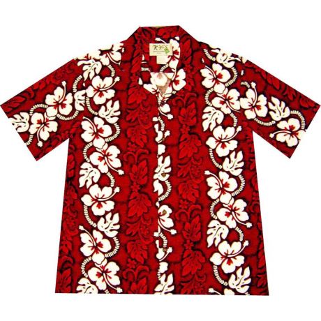 AL-213R-White Hibiscus Panel Red Cotton Mens Hawaiian Shirt