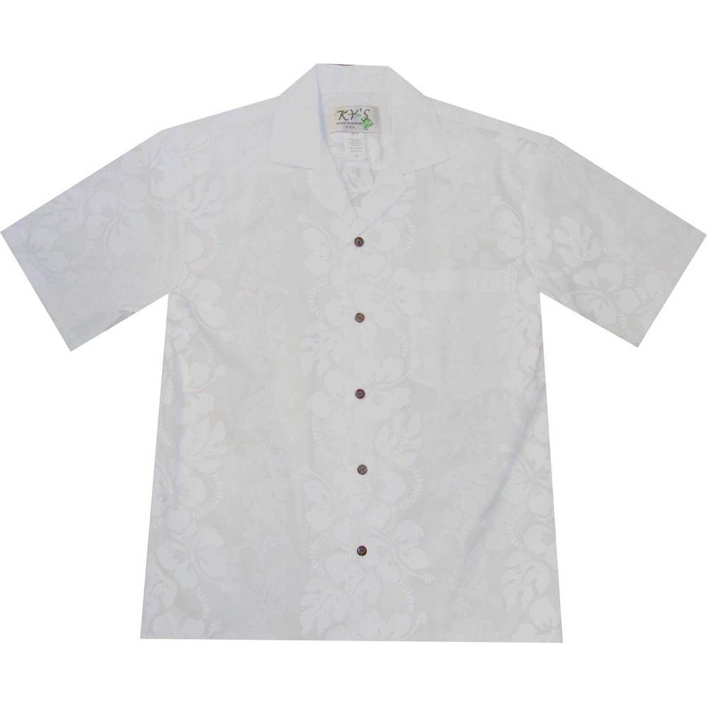 AL-213W-White Hibiscus Panel White Cotton Mens Hawaiian Shirt