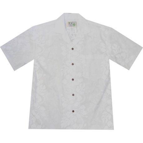 AL-213W-White Hibiscus Panel White Cotton Mens Hawaiian Shirt
