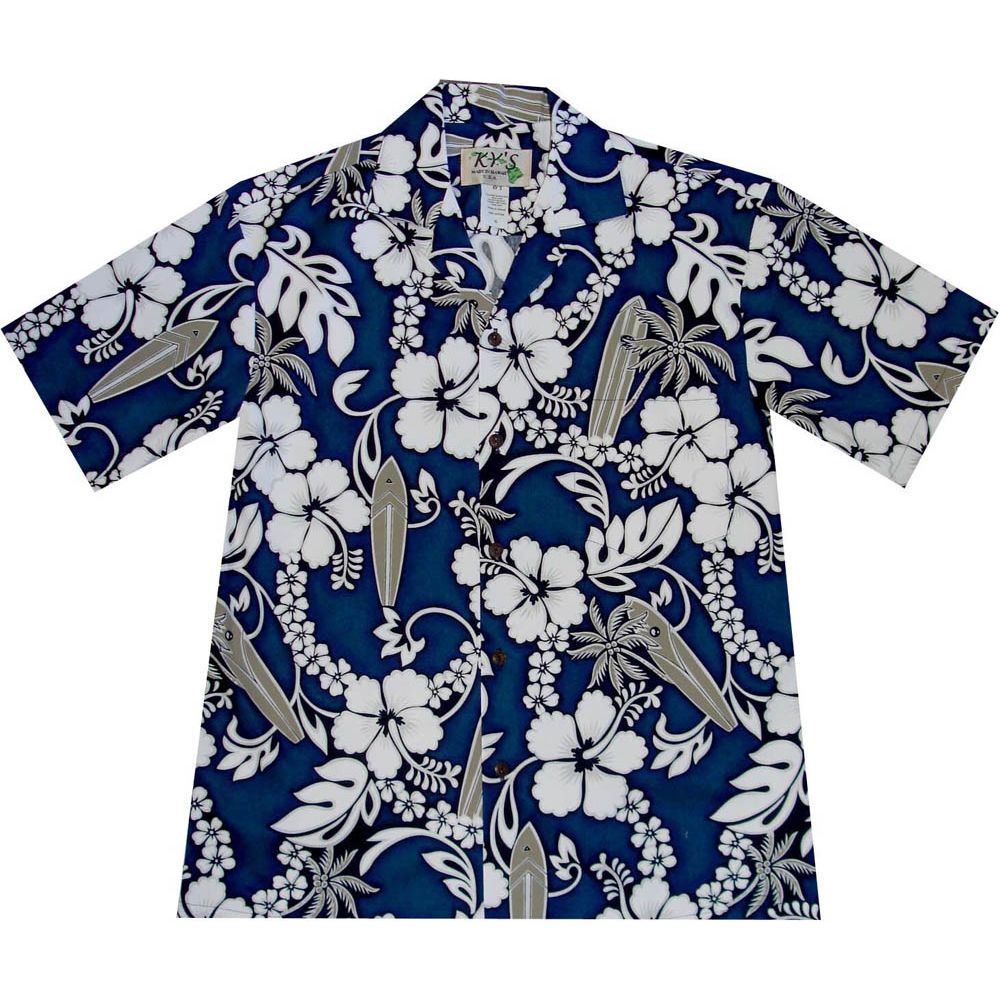 AL-300NB-Lei Hibiscus Navy Cotton Mens Hawaiian Shirt