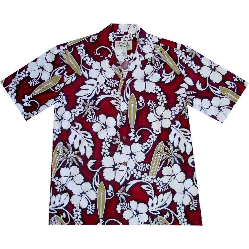 AL-300R-Lei Hibiscus Red Cotton Mens Hawaiian Shirt