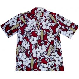 AL-300R-Lei Hibiscus Red Cotton Mens Hawaiian Shirt