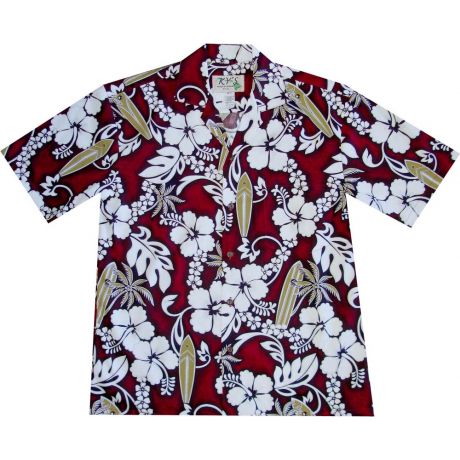AL-300R-Lei Hibiscus Red Cotton Mens Hawaiian Shirt