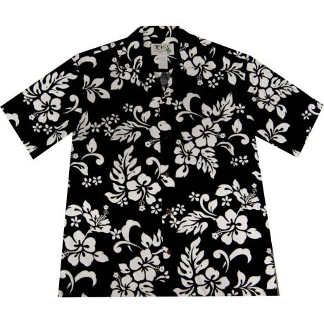 AL-354B- Original Hibiscus Black Cotton Mens Hawaiian Shirt