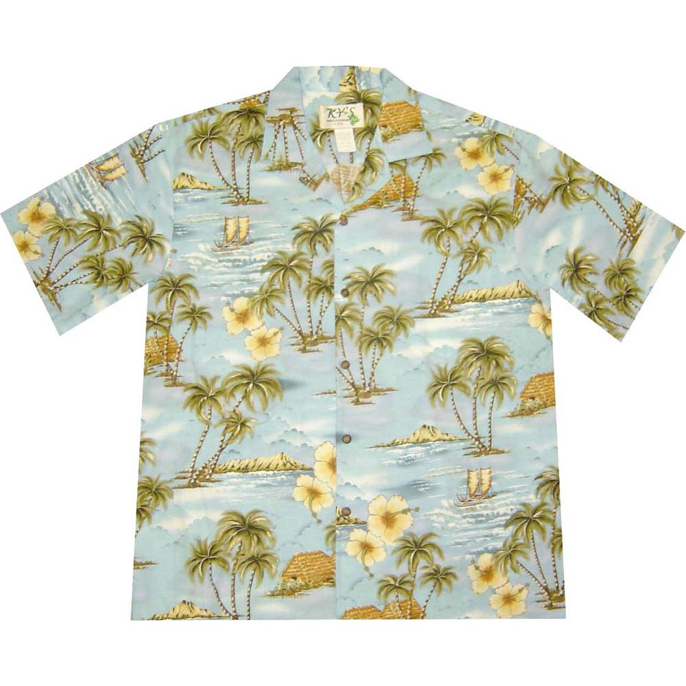 AL-357BL- Polynesian Island Blue Cotton Mens Hawaiian Shirt