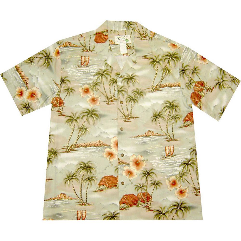 AL-357G- Polynesian Island Green Cotton Mens Hawaiian Shirt