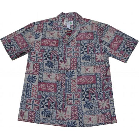 AL-378 R-Block Honu Tapa Red Cotton Mens Aloha Shirt