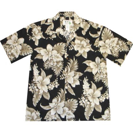 AL-383B- Tropical Flowers Black Cotton Mens Hawaiian Shirt