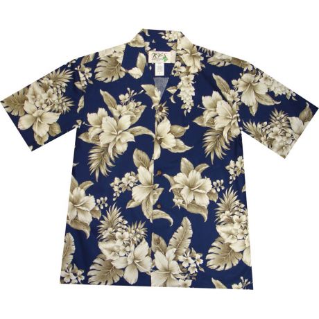 AL-383NB - Tropical Flowers Navy Cotton Mens Hawaiian Shirt