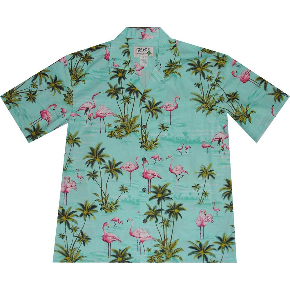 AL-406G- Pink Flamingo Island Green Aloha Shirt