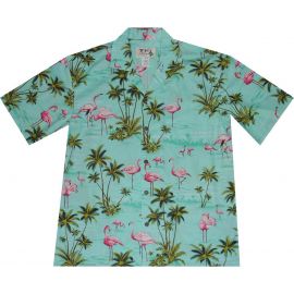 AL-406G- Pink Flamingo Island Green Aloha Shirt